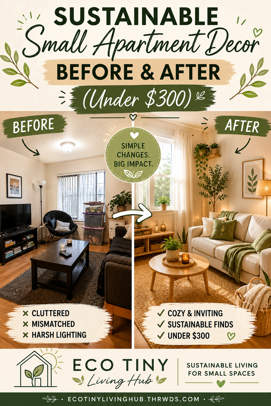 Before-and-after photos of a small apartment living room styled with sustainable decor.