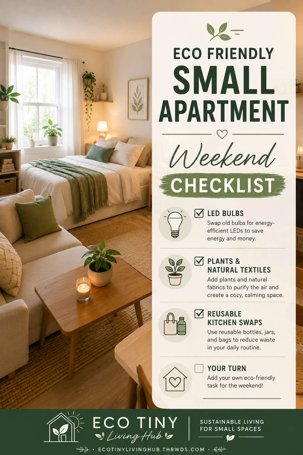 Cozy small apartment with plants, natural textiles, and warm lighting.
