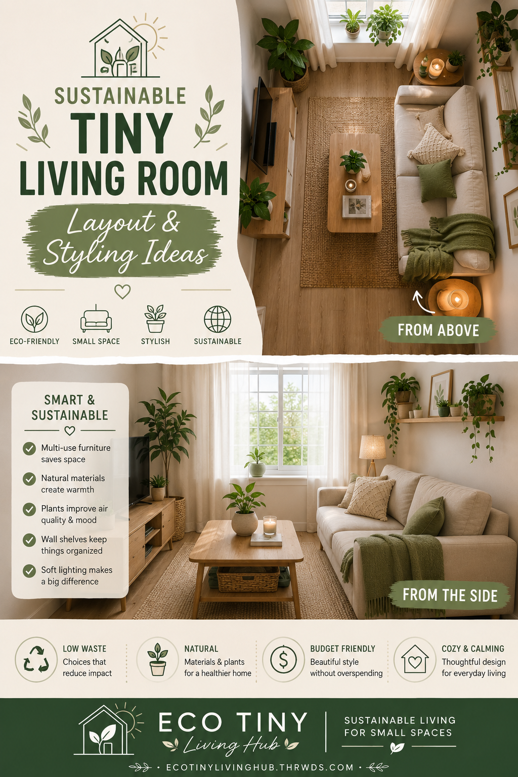 Tiny living room with a small sofa, natural rug, plants, and wall-mounted shelves.