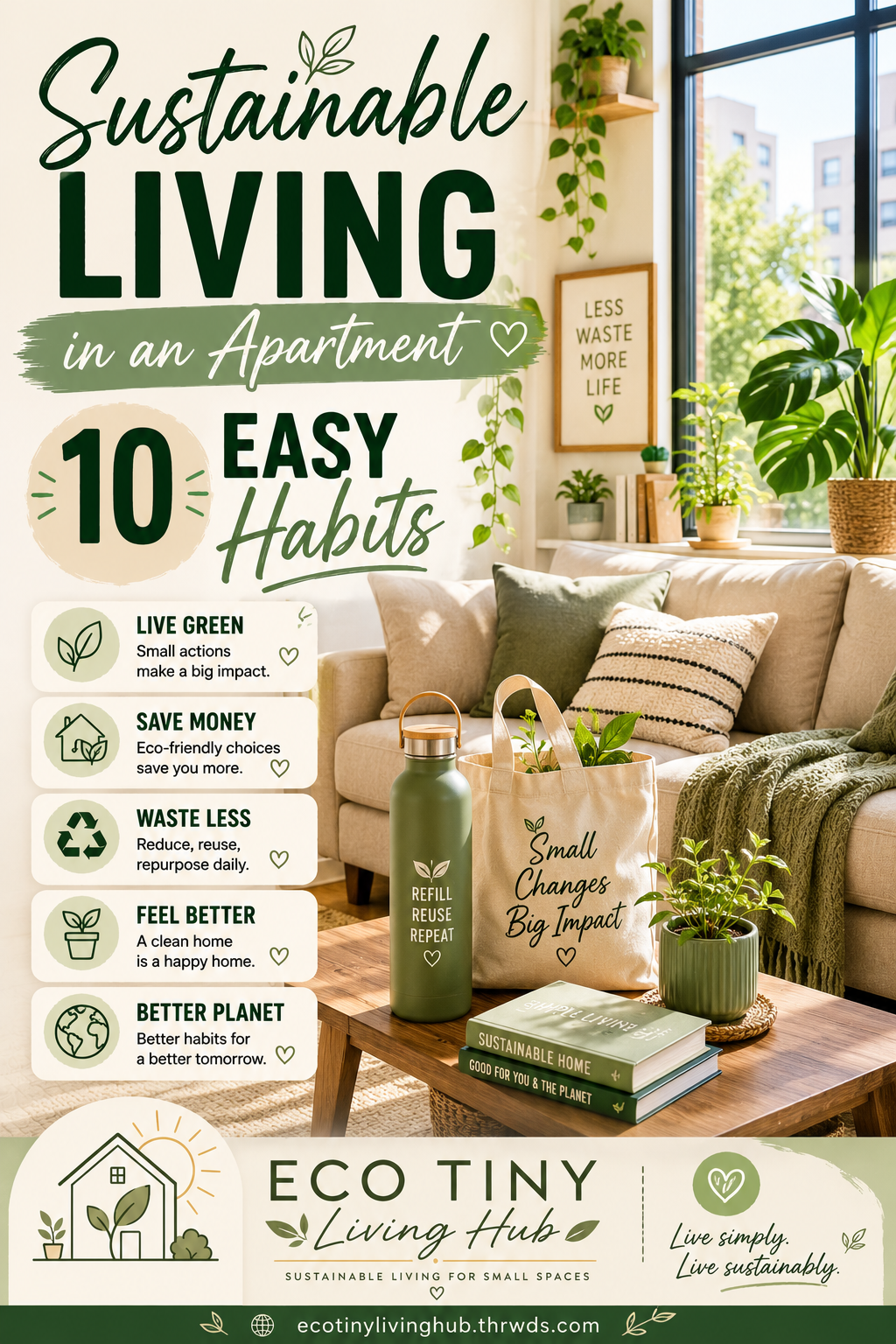 Cozy apartment living room with plants, natural light, and simple eco-friendly decor.