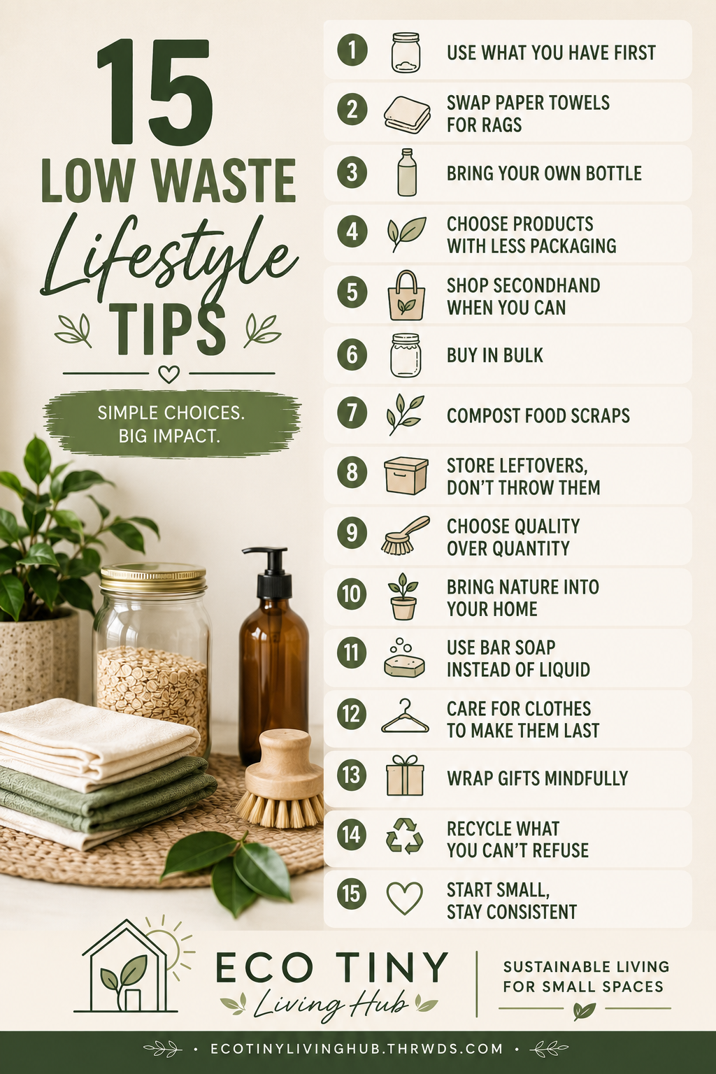 Collection of reusable items including jars, cloths, a water bottle, and a canvas bag on a kitchen counter.