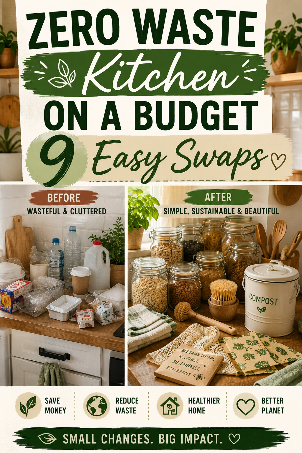 Zero waste kitchen before and after collage showing clutter replaced with glass jars, compost bin, beeswax wraps, and sustainable storage
