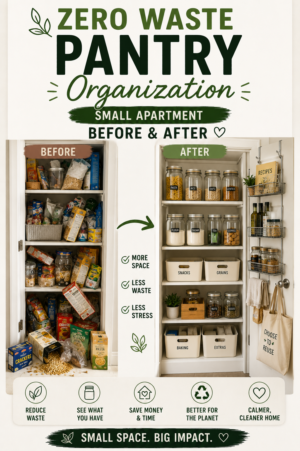 Before-and-after view of a small pantry cabinet transformed from cluttered boxes into neatly labeled glass jars and bins.
