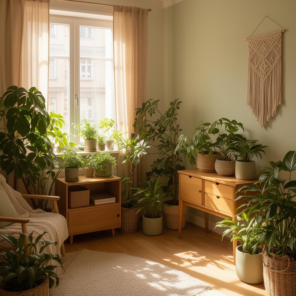 Sunlit small apartment with houseplants and wooden furniture