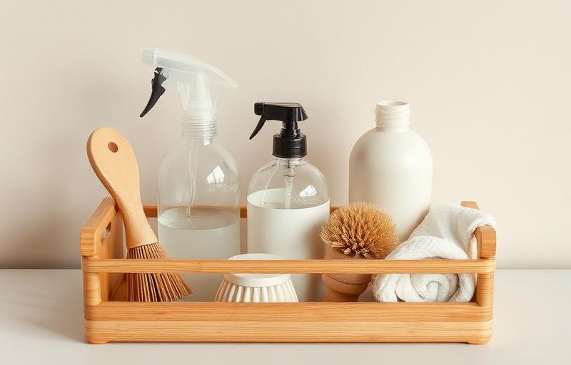 Eco cleaning supplies arranged in a bamboo caddy