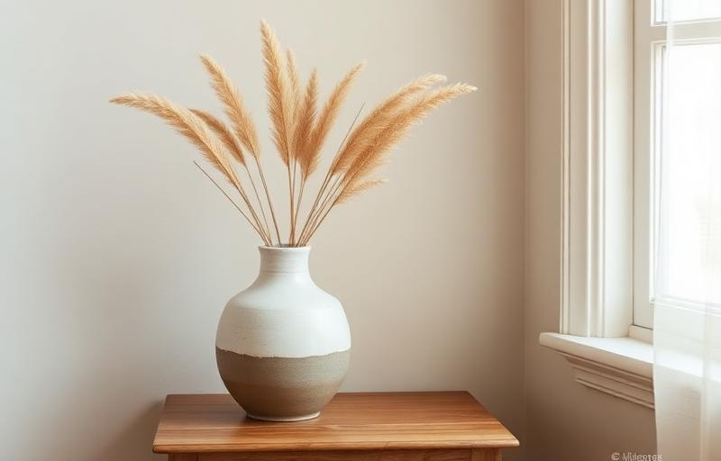 Thrifted ceramic vase with dried pampas grass on wooden side table