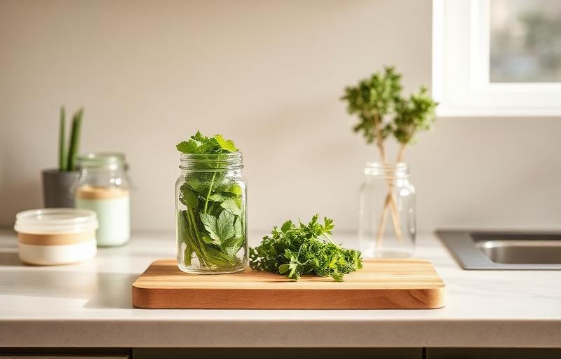 Zero waste kitchen counter with glass jars and fresh herbs